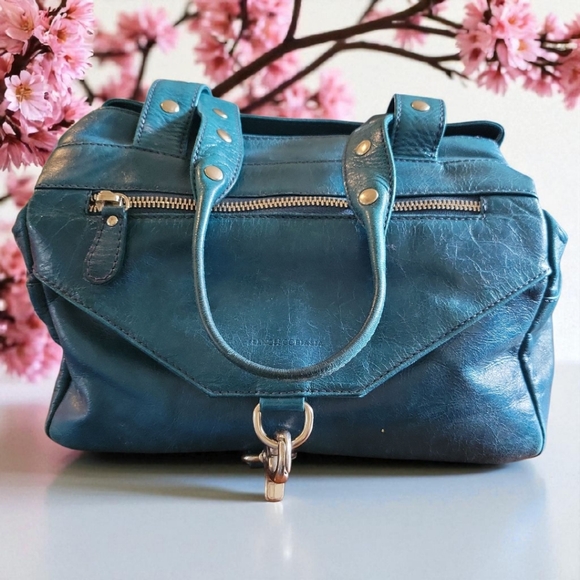 Vtg Francesco Biasia Teal Leather Hand Bag Purse Flap Lock Silver Hardware Italy - Picture 5 of 15